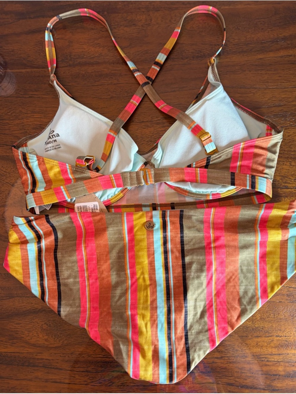 Prana Aqua, Coral, Mustard & Brown Striped Bikini. - Picture 2 of 5